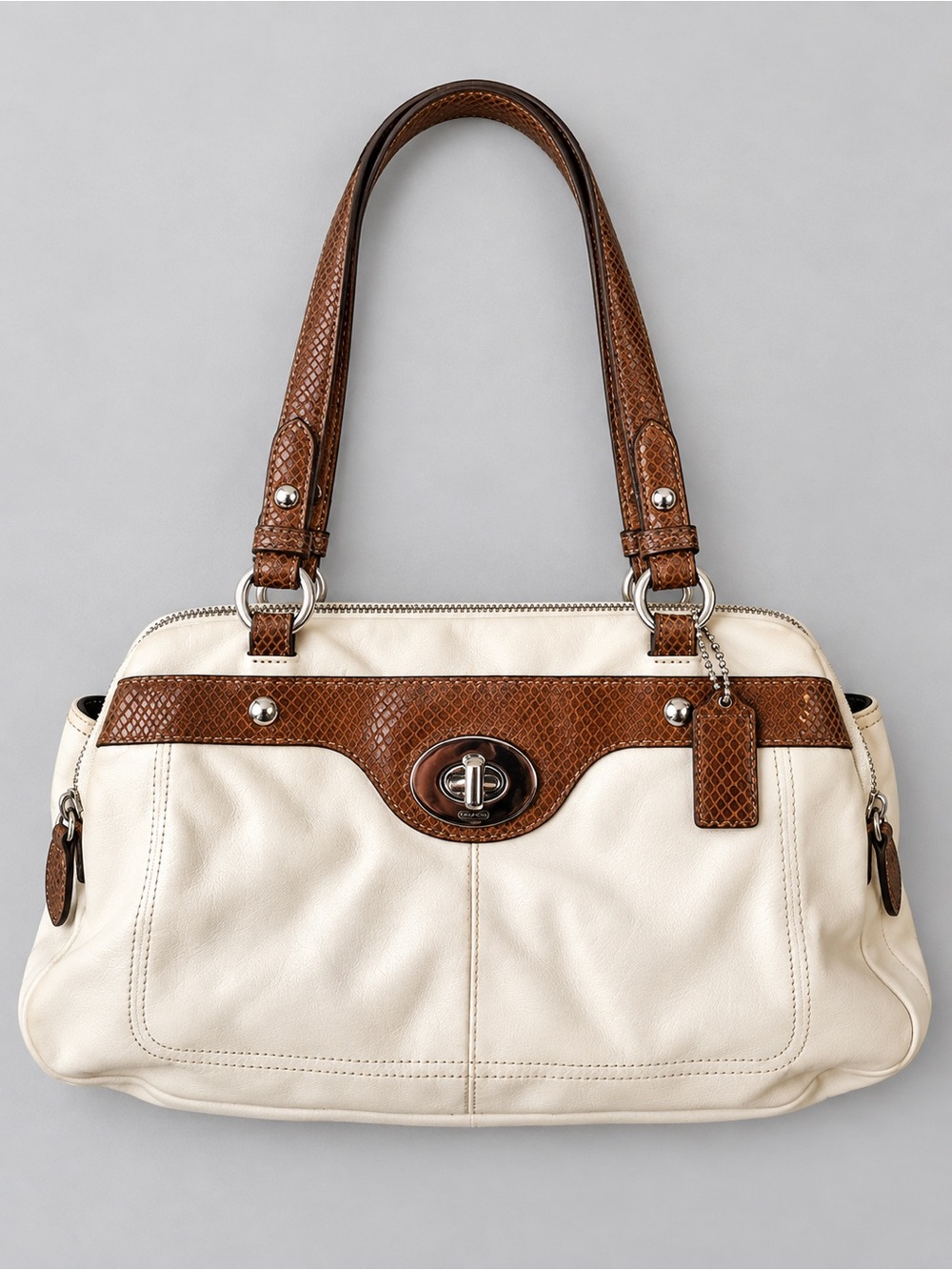 Vintage Coach Penelope Carryall Turn Lock F16531 Leather Brown Snake Skin Ivory